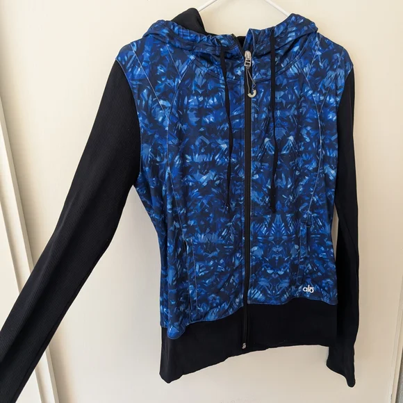 Alo Yoga Women Large Flow Zip Up Jacket Blue Black Activewear Workout Athleisure - Picture 4 of 6